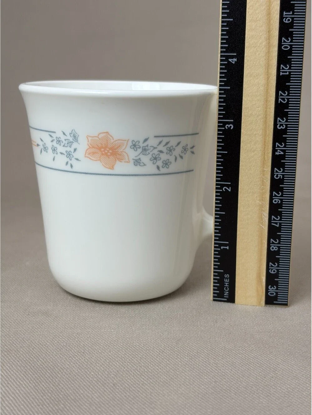 Vintage Corning Ware Corelle Peach Floral Mug Blue Band Milk Glass USA 8oz